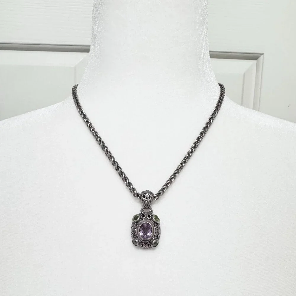 Vintage 925 Italy Amethyst Peridot Filigree Necklace 18